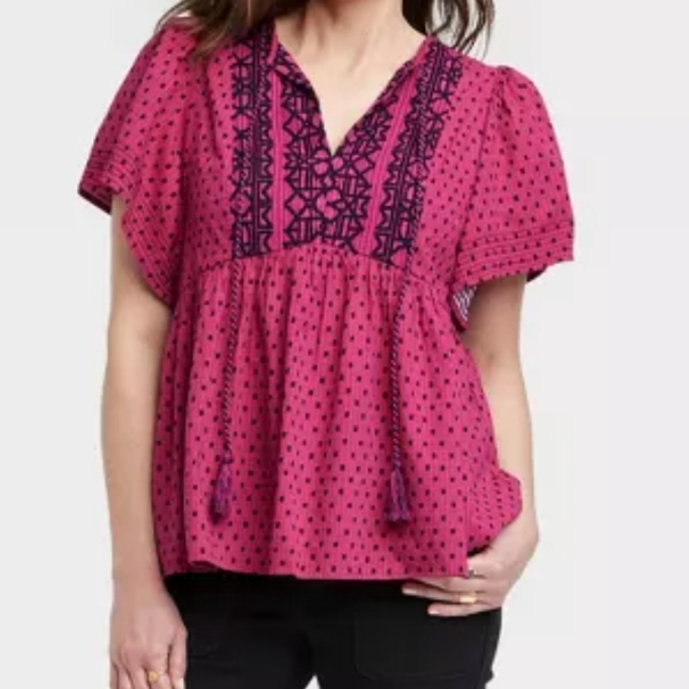 Women's Flutter Short Sleeve Top - Knox Rose Magenta & Black Blouse NWT Size M